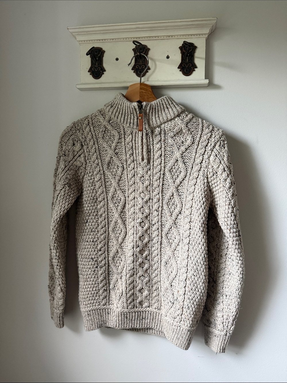 Aran 100% Merino Wool' Cable Knit Half-Zip Sweater - Beige Classic Outdoor